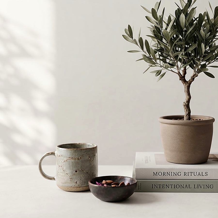 A speckled mug and a small bowl of almonds beside a potted olive tree, stacked on books reading 'Morning Rituals' and 'Intentional Living'.