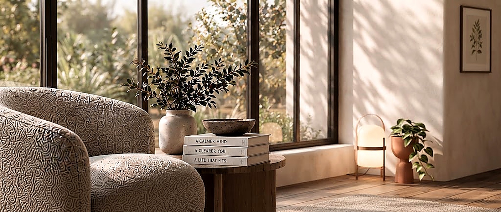 A textured armchair beside a round wooden side table with a plant, bowl, and stacked books, in front of floor-to-ceiling windows with a warm, sunlit room beyond.