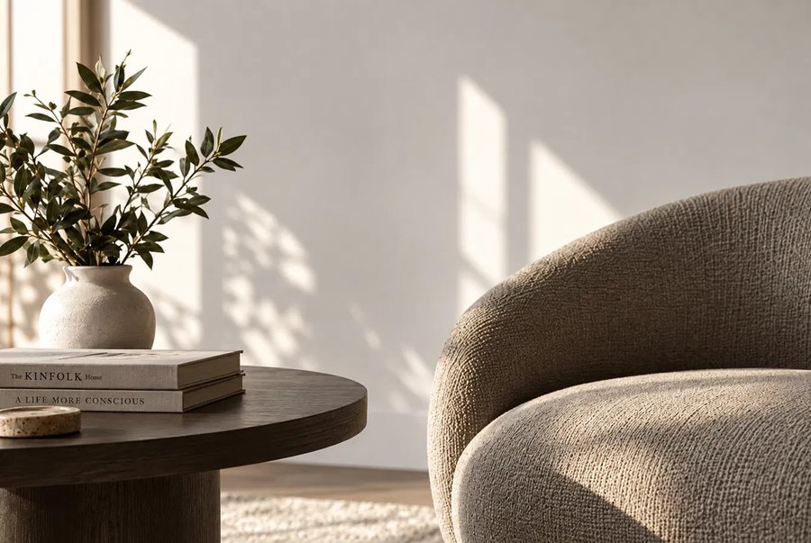 A warm, plant-filled reading corner with a soft armchair in natural light.