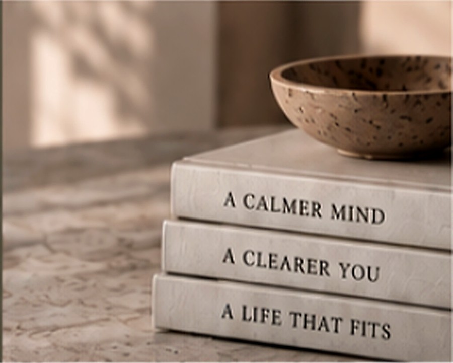 Three stacked books titled 'A Calmer Mind', 'A Clearer You', and 'A Life That Fits', with a small ceramic bowl on top.