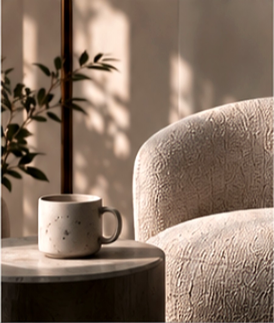 A ceramic mug on a marble side table beside a textured armchair in warm light.