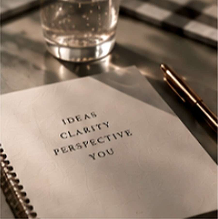 A notebook reading 'Ideas, Clarity, Perspective, You' beside a pen and a glass of water.